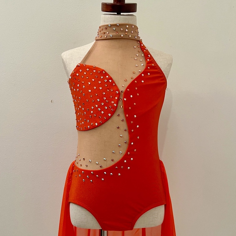 Dance Costume - CH LG - Orange Leotard with mesh back skirt / Stoned